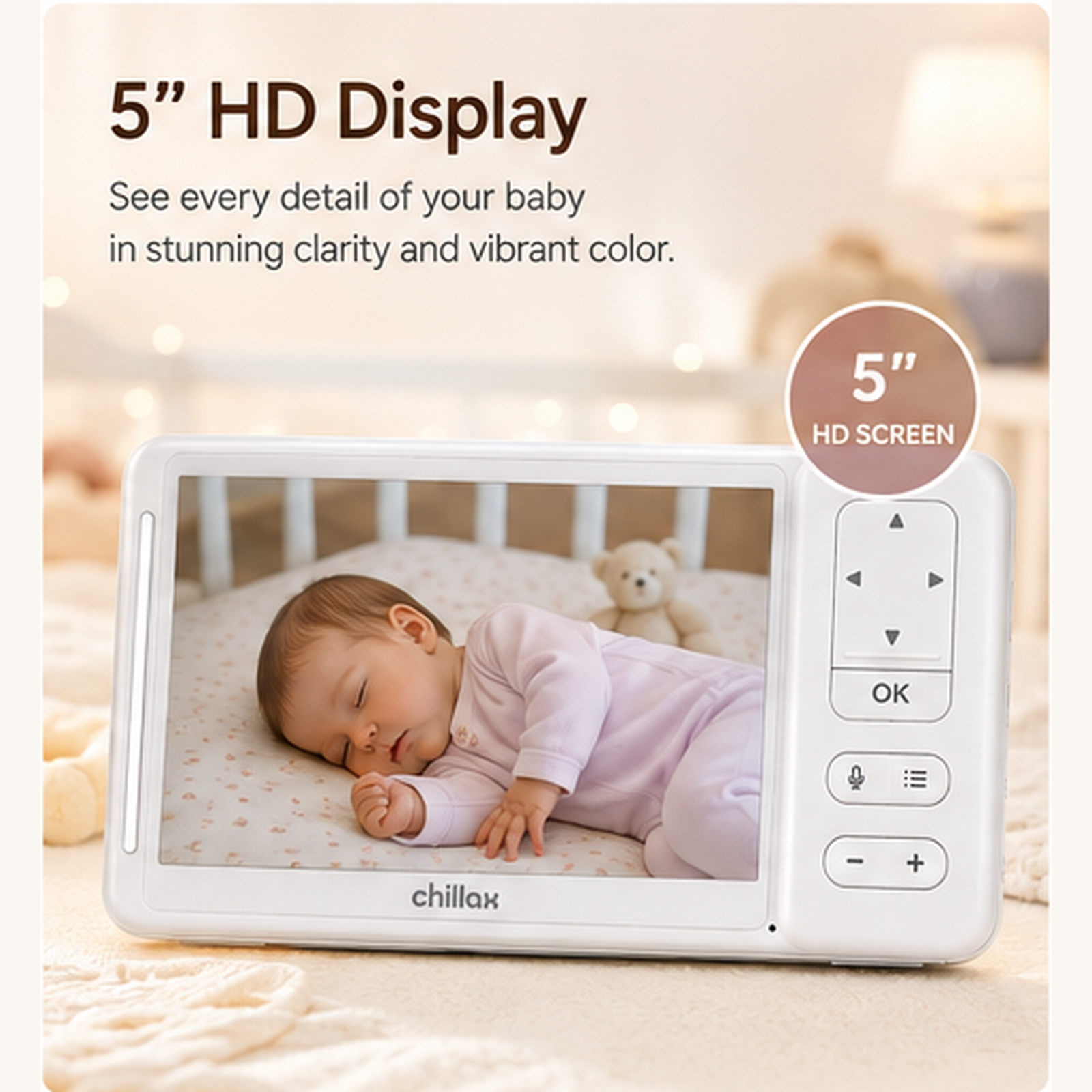 CHILLAX DM685PU Parent Unit Only for DM685 Baby Monitor – 5" 720p Display, Two-Way Talk, Physical Controls – Replacement Handheld Monitor, Camera Not Included