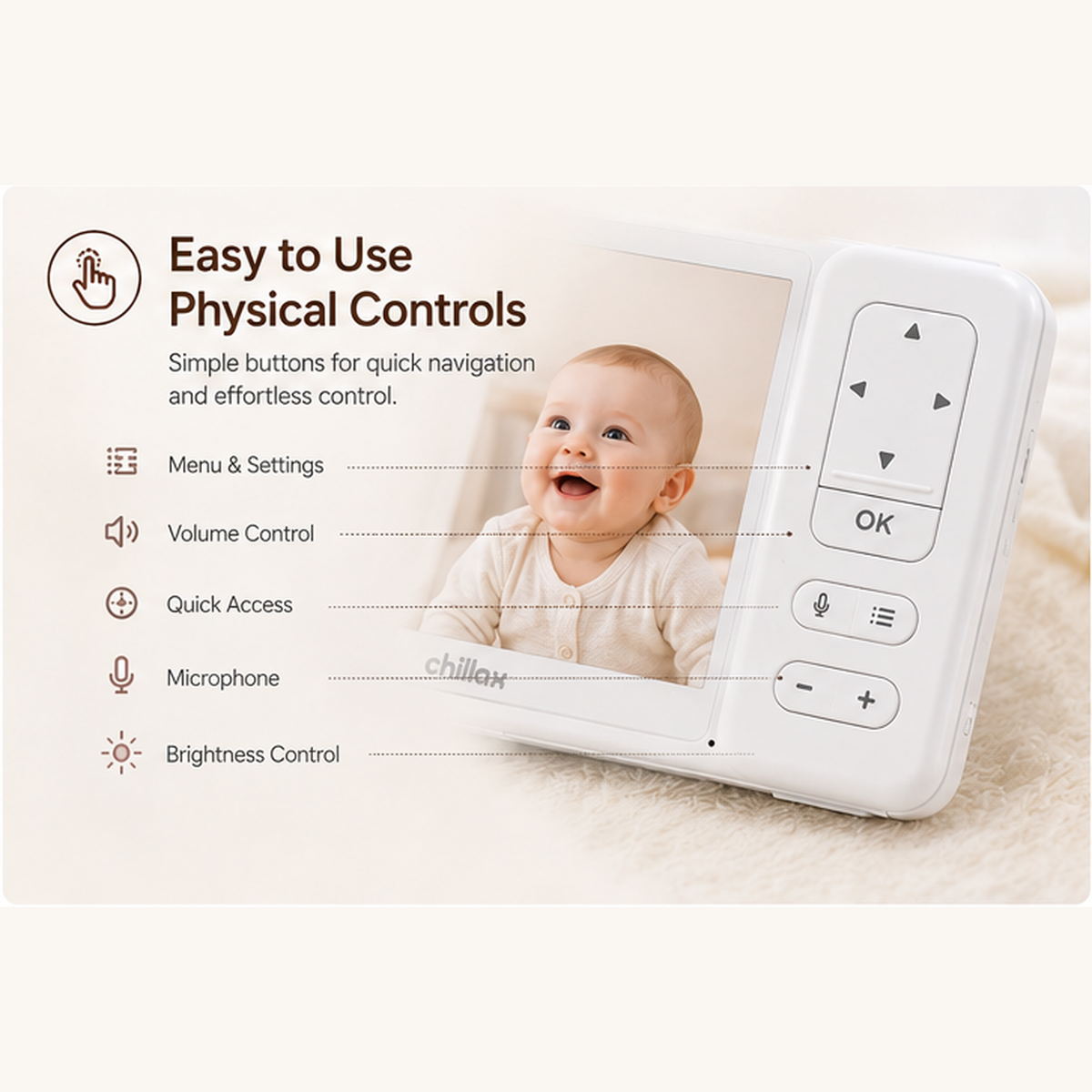 CHILLAX DM685PU Parent Unit Only for DM685 Baby Monitor – 5" 720p Display, Two-Way Talk, Physical Controls – Replacement Handheld Monitor, Camera Not Included