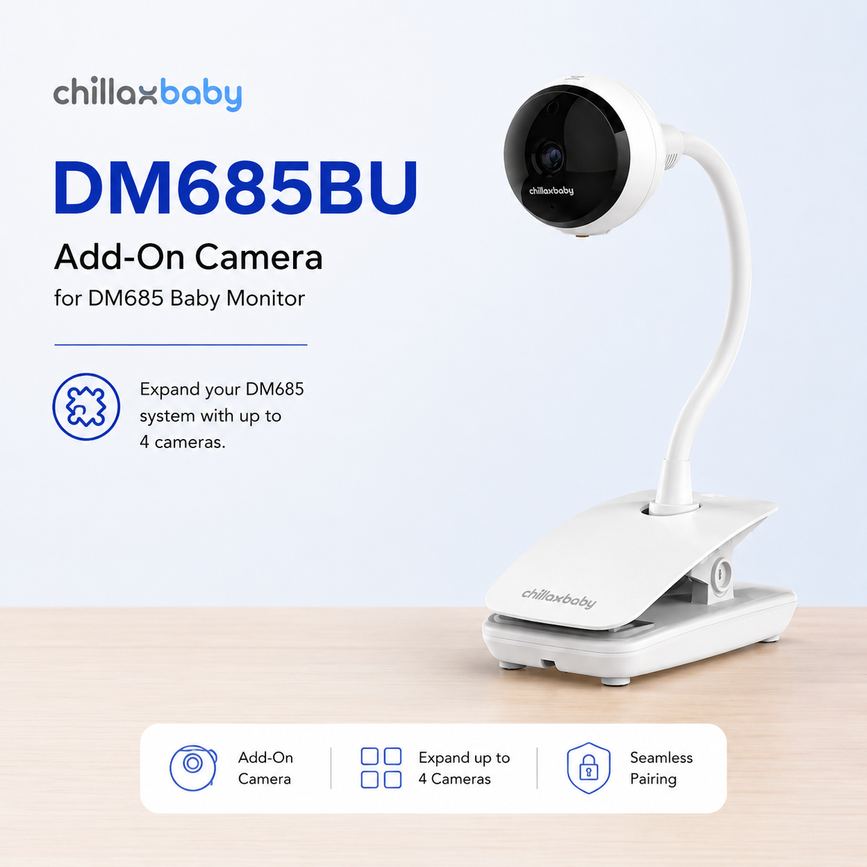 CHILLAX DM685BU Add-On Camera for DM685 Baby Monitor, 1080P HD Flexible Gooseneck Camera, Supports Up to 4 Cameras, Scan View, No Split Screen, Parent Unit Sold Separately